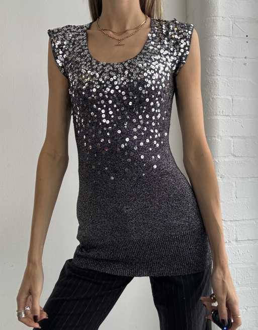 Vintage y2k sequin knitted top size xs in silver