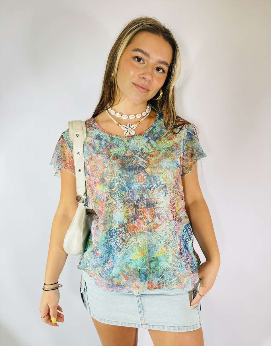 Vintage Y2K Sheer Mesh Size M Blouse in Multi
