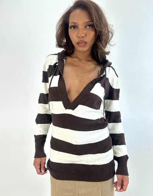 Vintage Yessica striped hoodie in brown