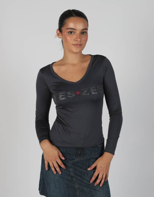 Vintage Yes.Zee S long sleeve top in charcoal grey