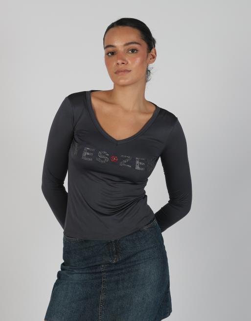 Vintage Yes.Zee S long sleeve top in charcoal grey, 3 of 4