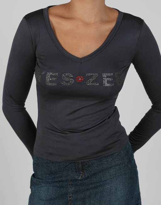 Vintage Yes.Zee S long sleeve top in charcoal grey, 4 of 4
