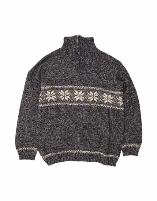 Vintage Zip Neck Jumper Sweater 2XL In Blue Fair Isle