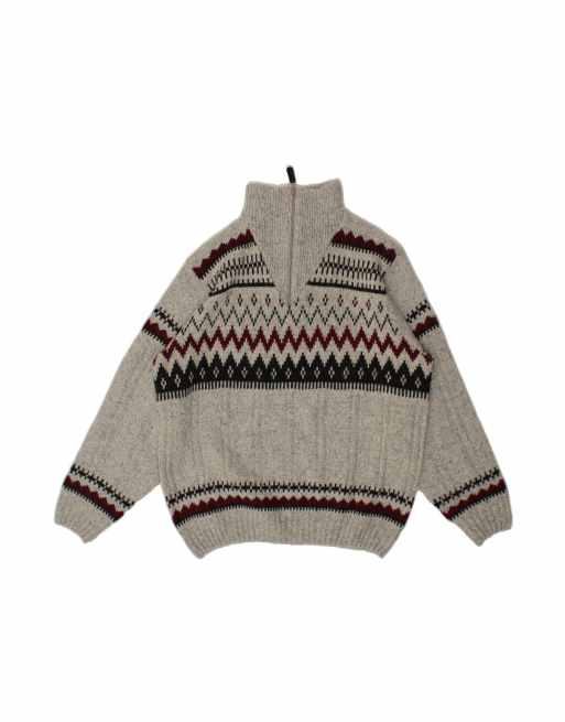 Vintage Zip Neck Jumper Sweater It 52/54 Large In Grey Fair Isle