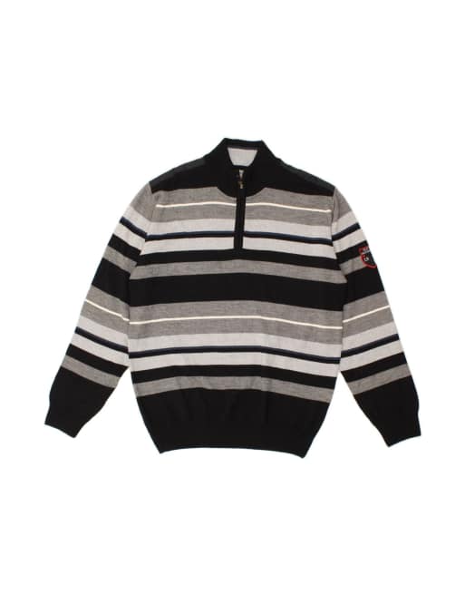 Vintage Zip Neck Jumper Sweater Large In Black Striped