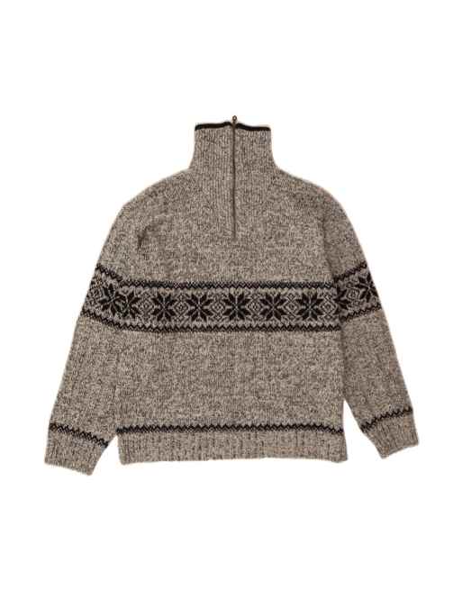 Vintage Zip Neck Jumper Sweater Large In Grey Fair Isle Wool