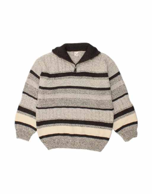 Vintage Zip Neck Jumper Sweater Large In Grey Striped