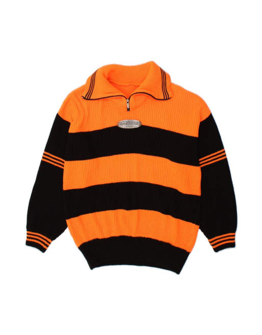 Vintage Zip Neck Jumper Sweater Large In Orange Striped