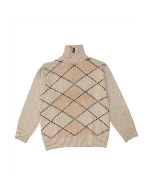 Vintage Zip Neck Jumper Sweater Medium In Beige Argyle/diamond