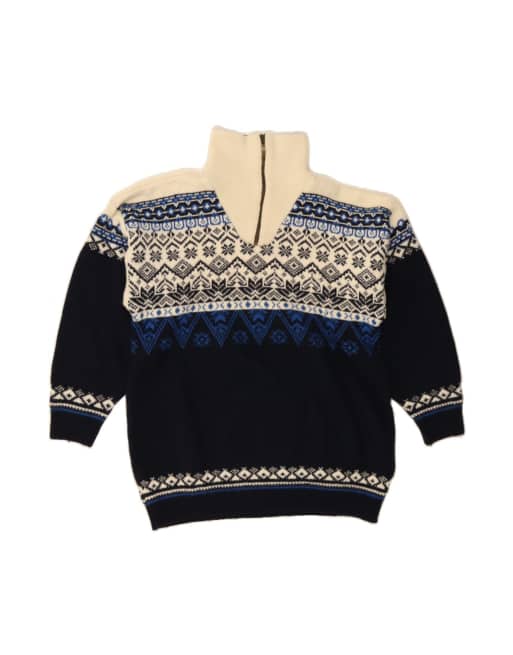 Vintage Zip Neck Jumper Sweater Medium In Blue Fair Isle Wool