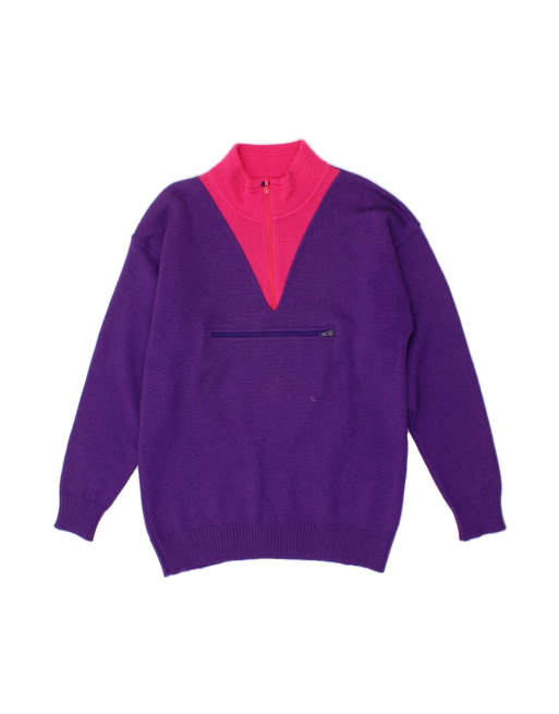 Vintage Zip Neck Jumper Sweater Medium In Purple Colourblock Wool