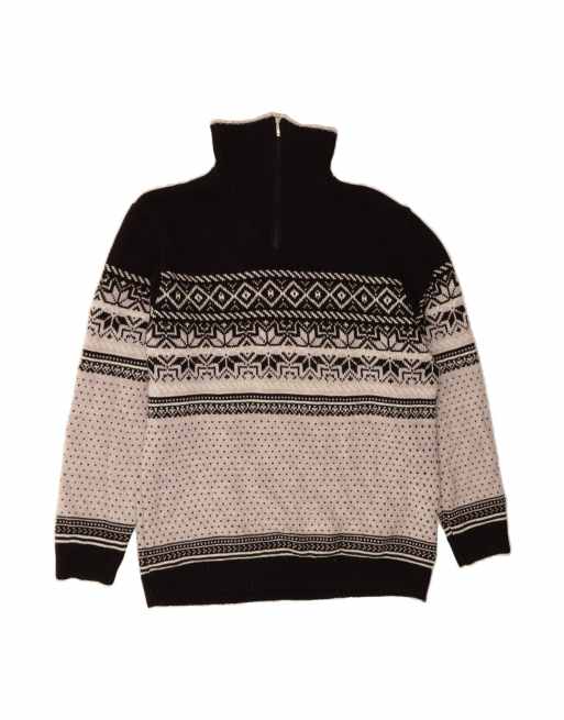 Vintage Zip Neck Jumper Sweater Small In Black Fair Isle Wool