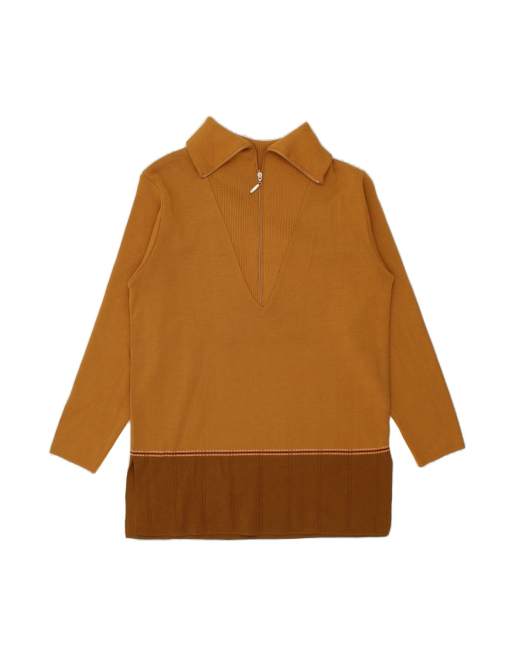 Vintage Zip Neck Jumper Sweater UK 14 Medium In Brown Colourblock