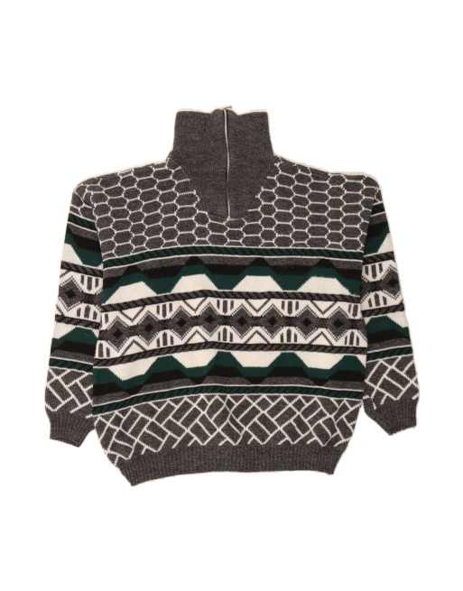Vintage Zip Neck Jumper Sweater UK 18 XL In Grey Fair Isle