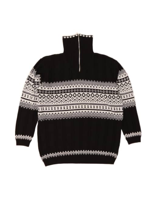 Vintage Zip Neck Jumper Sweater UK 20 2XL In Black Geometric