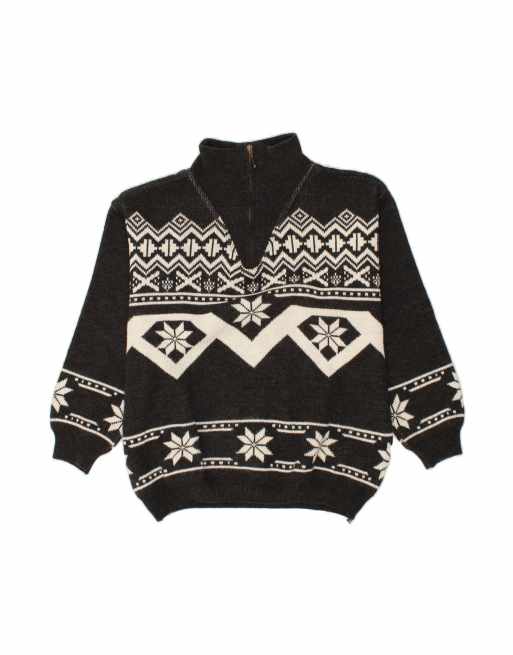 Vintage Zip Neck Jumper Sweater UK 38/40 Medium In Grey Fair Isle