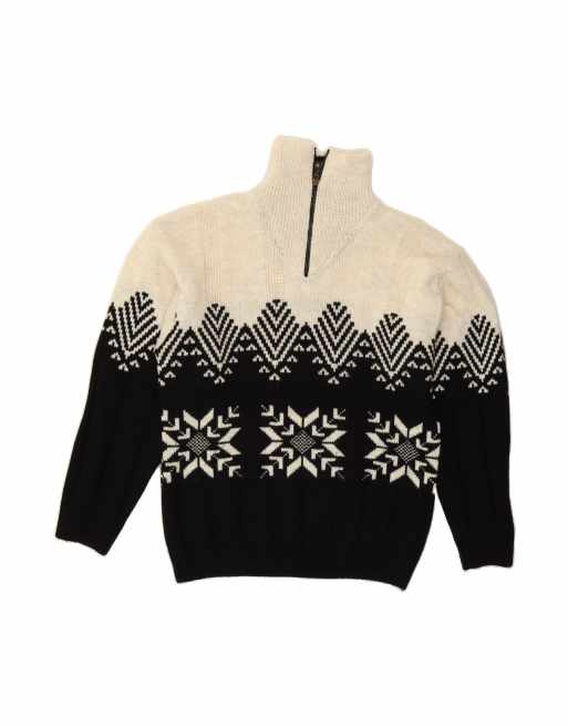 Vintage Zip Neck Jumper Sweater UK 38 Medium In Black Fair Isle
