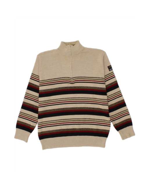 Vintage Zip Neck Jumper Sweater XL In Beige Striped