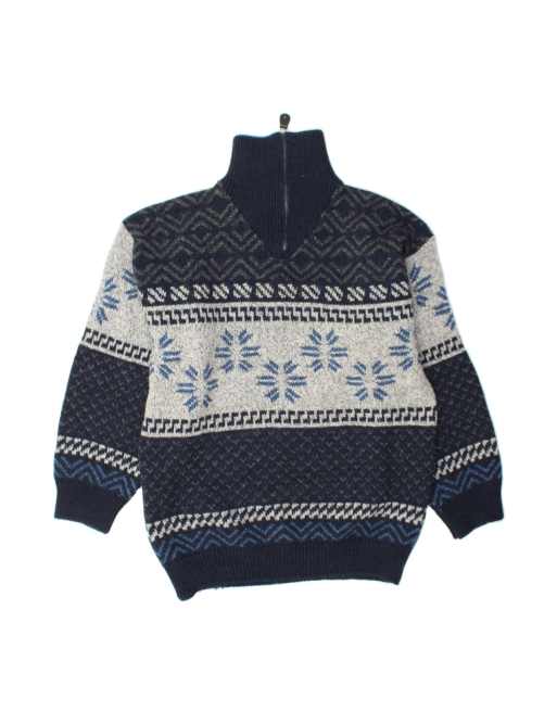 Vintage Zip Neck Jumper Sweater XL In Blue Fair Isle