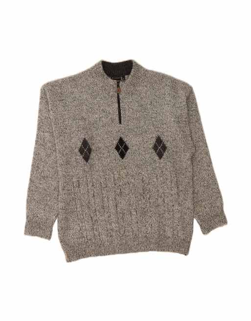 Vintage Zip Neck Jumper Sweater XL In Grey Argyle/diamond