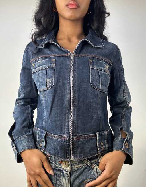 Vintage zip up denim jacket in dark denim