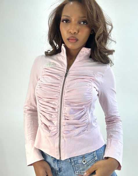 Vintage zip up long sleeve top in pink - view 1