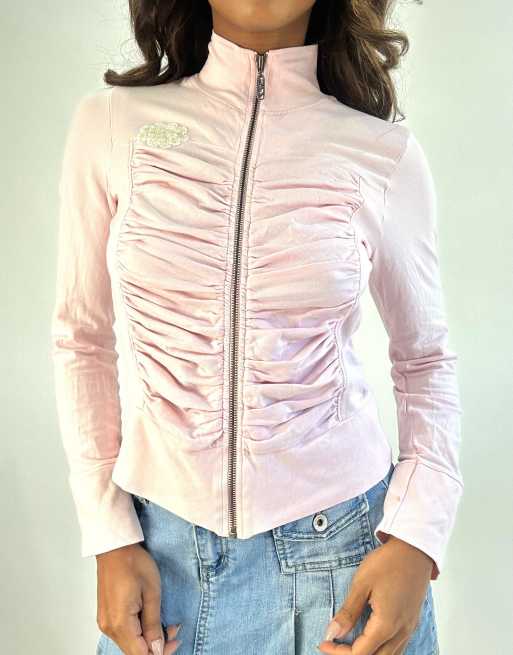 Vintage zip up long sleeve top in pink, 3 of 4