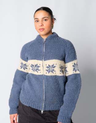 Vintage Zip Up M Knit Sweatshirt Light Blue