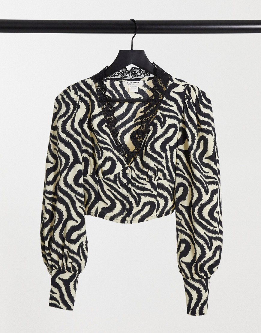 Винтажная укороченная блузка в абстрактную полоску с кружевным воротником Glamorous-Многоцветный