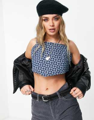 VIOLET ROMANCE Violet Romance 90s cami strap floral print denim top co-ord-Blue