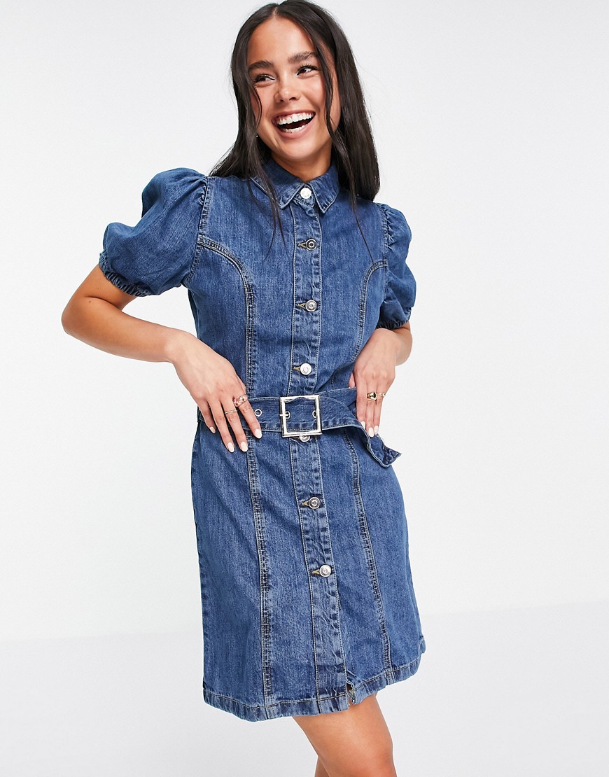 Violet Romance belted denim mini dress with puff sleeves-Blues