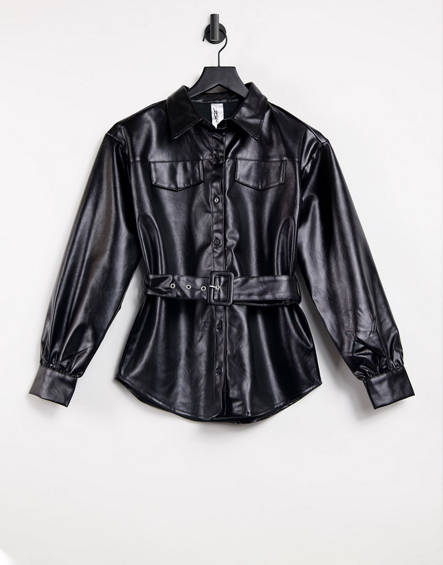 Violet Romance belted leather-look shirt in black