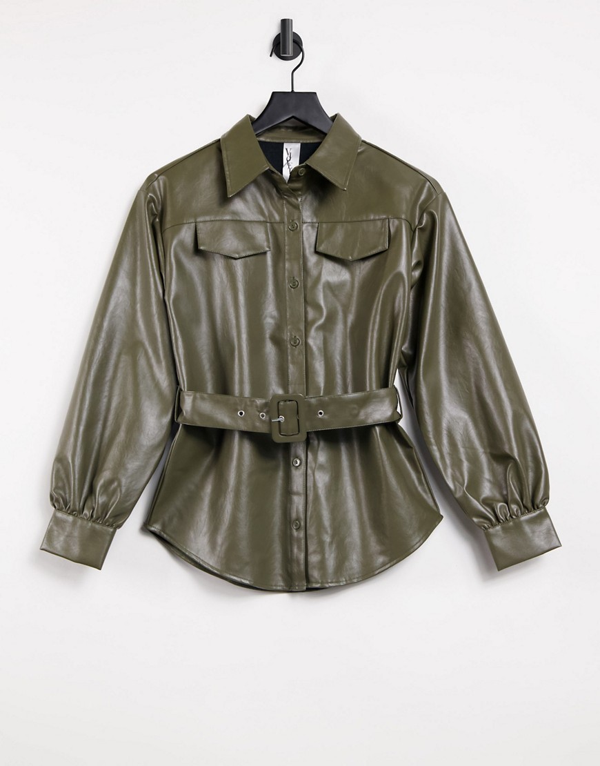 Violet Romance belted leather-look shirt in khaki-Green