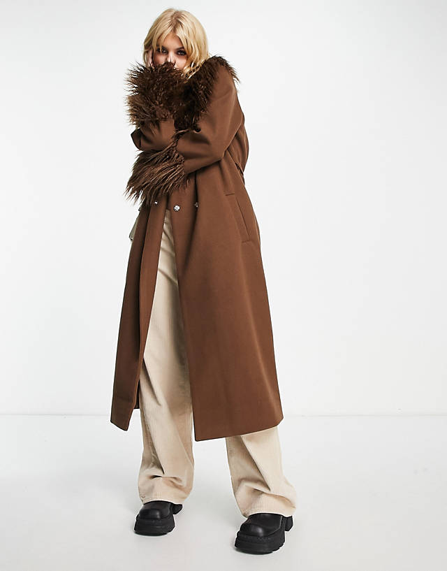 VIOLET ROMANCE - belted longline coat with faux fur trims in chocolate brown