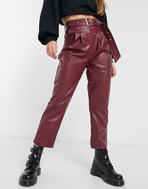 Violet Romance belted waist PU trousers in burgundy