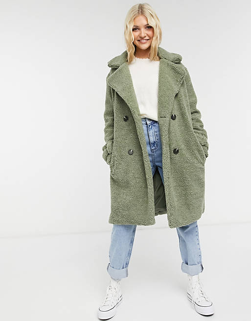 Violet Romance borg double breasted coat in sage green | ASOS