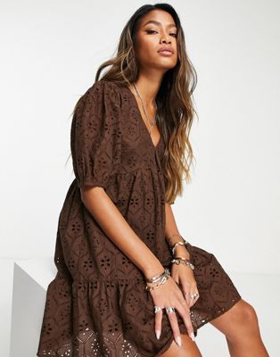 Violet Romance broderie smock dress in chocolate brown