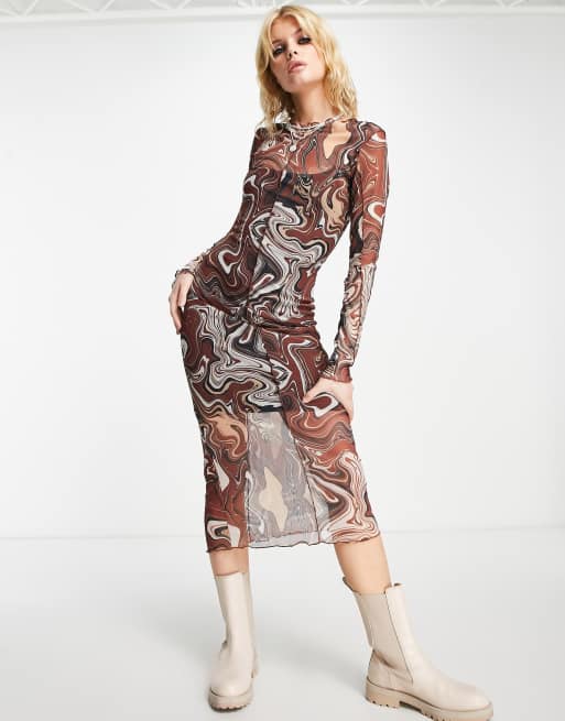 Violet Romance - Brun midikjole med hvirvelprint i mesh