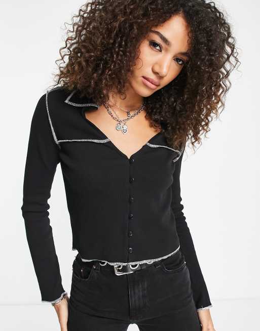 Violet Romance button front top with contrast seams in black