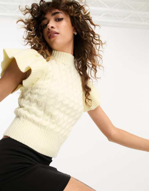 Violet Romance cable knit frill shoulder sleeveless jumper in cream