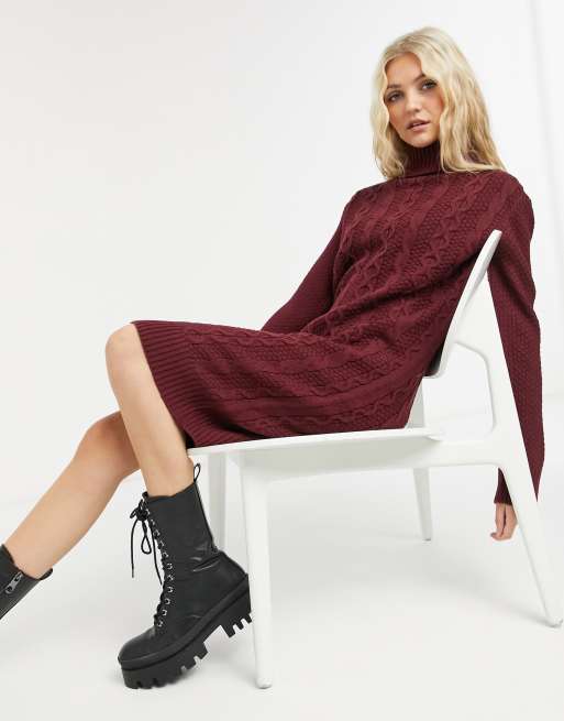 Violet Romance cable knit roll neck jumper dress in wine