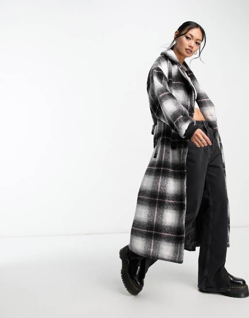 Violet Romance - Cappotto stile trench nero e bianco a quadri con cintura