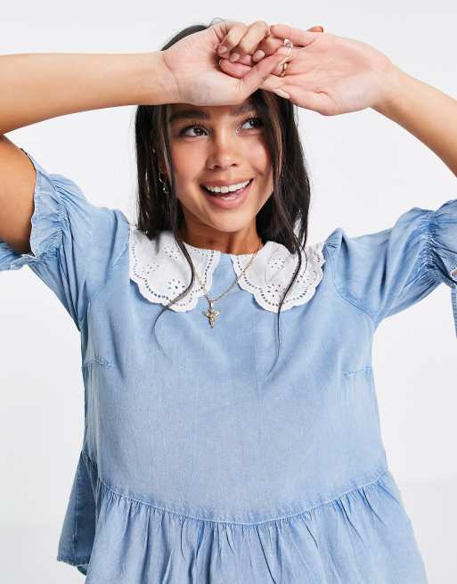Violet Romance chambray blouse with broderie collar