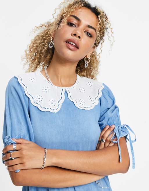 Violet Romance - Chambray mini-jurk met broderie-kraagje, 3 van 4