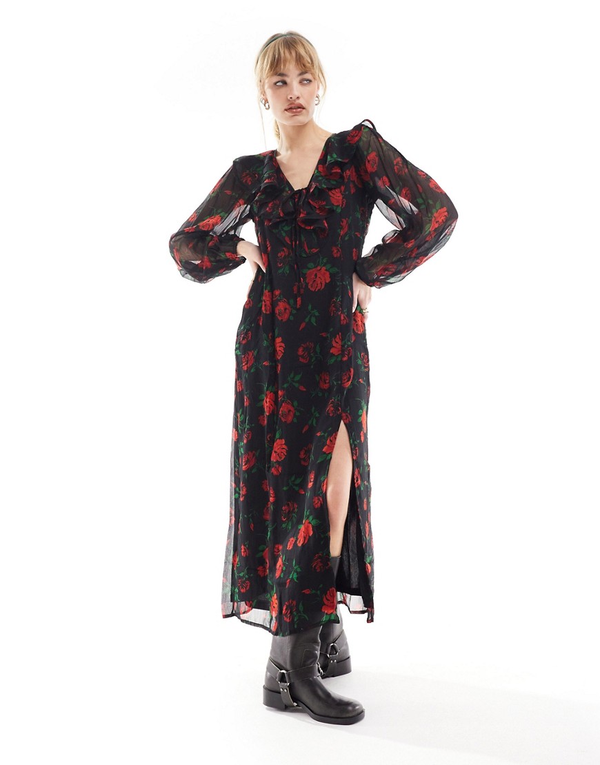 Violet Romance chiffon v neck midaxi dress in oversized rose floral print-Red
