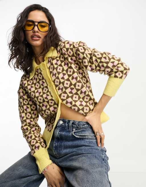 Violet Romance collared cardigan in geo print