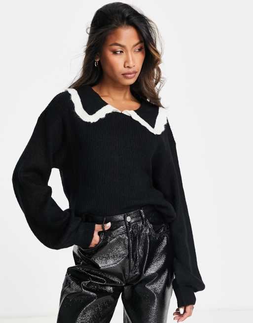 Violet Romance collared jumper with balloon sleeves in black