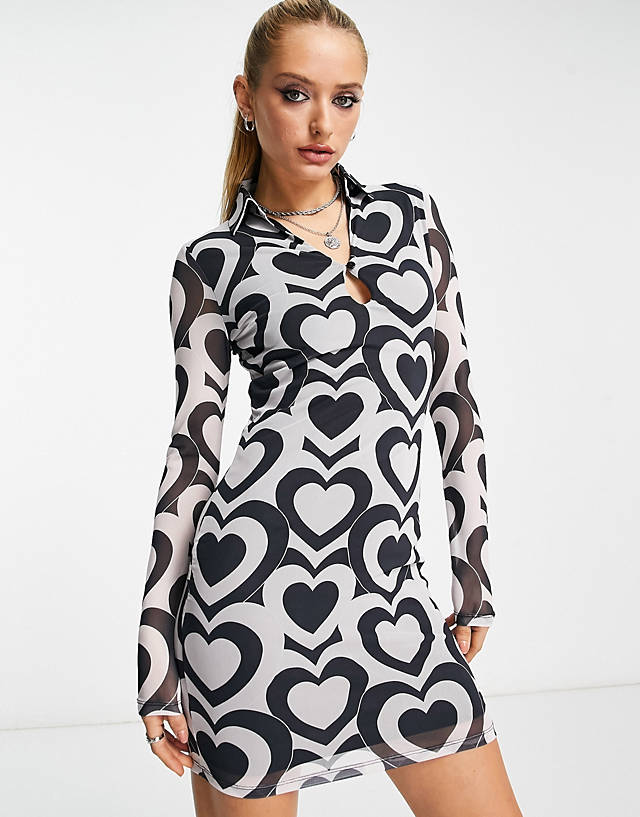 VIOLET ROMANCE - collared mesh mini dress in heart print