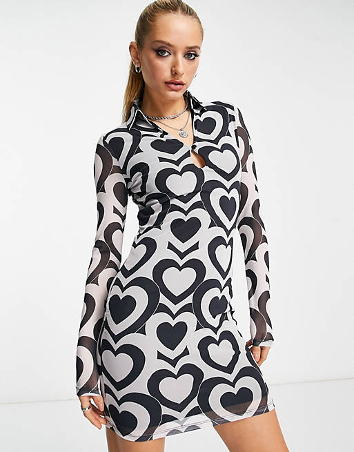 Violet Romance collared mesh mini dress in heart print
