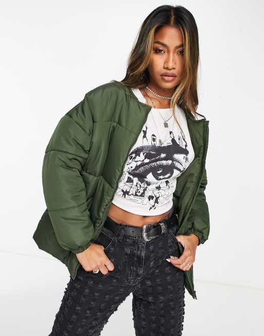 Violet Romance collarless quilted jacket in khaki